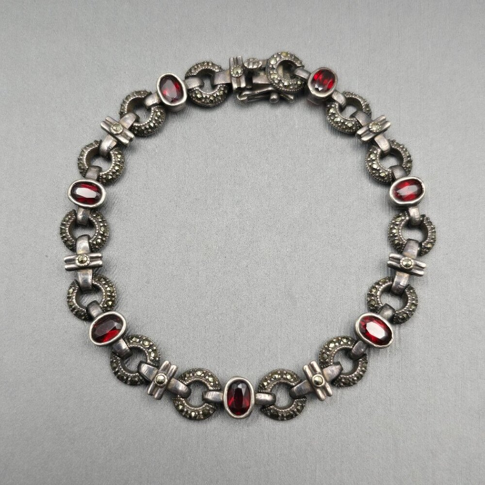 VTG Sterling Silver Garnet & Marcasite Link Bracelet 7.5" RF Hallmark Box Clasp - Picture 2 of 14